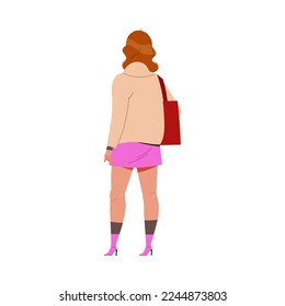 Back View of Woman Character with Handbag in Jacket Standing Vector Illustration