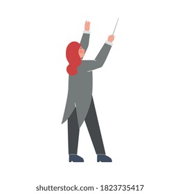 Back View Of Woman Conductor Performing On Stage, Woman Musician In Tuxedo Directing Classic Instrumental Symphony Orchestra Flat Style Vector Illustration