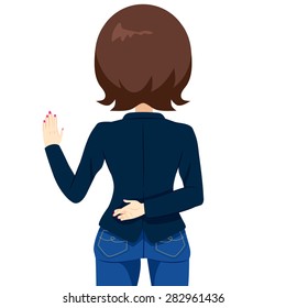 Back view of woman with crossed fingers swearing and lying