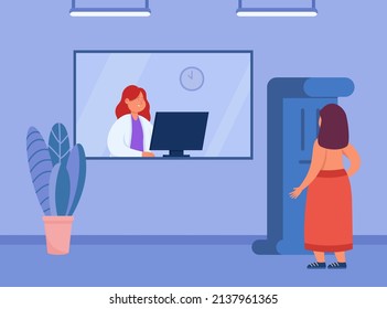 Back view of woman in front of mammogram machine in clinic. Medical examination, breast cancer diagnosis flat vector illustration. Mammography, technology concept for banner or landing web page