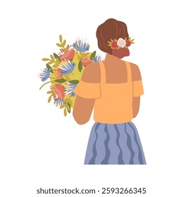 Back view of woman holding bouquet of blooming flowers. Vector flat cartoon character, isolated female personage with present on birthday, International Women day or special occasion in life