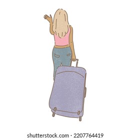 Back view of woman with luggage in her hand, saying hi, hello, good bye. Travel concept. Hand drawn flat vector illustration in colored pencil texture