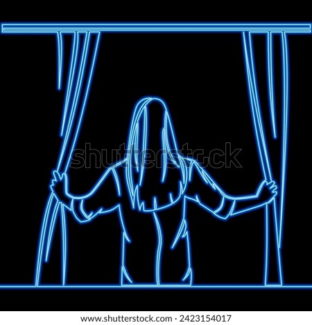 Back view of woman opens the curtain. A girl with psychological problems looking for their solution. Mental health icon neon glow vector illustration concept