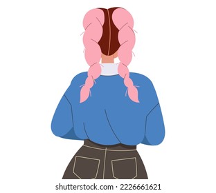 Back View of Woman with Pink Braided Hair Looking at Something Vector Illustration