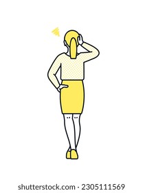 Rückansicht einer Frau mit einem Problem. Illustration einer Karrierefrau, verwirrt von einer unvorhergesehenen Situation.