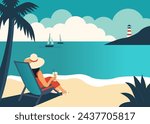 Back view of woman relaxing at the sand beach, drinking cocktail, enjoying sea landscape. Summer holidays, travel, vacation vintage minimal poster. Vector illustration  