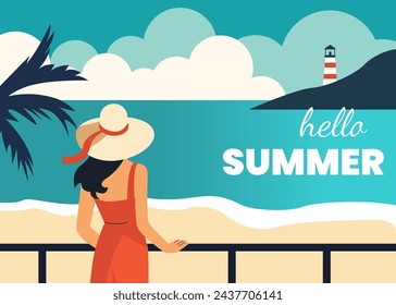 Back view of woman relaxing at the sand beach and enjoying sea landscape. Summer holidays, travel, vacation vintage minimal poster. Vector illustration 