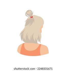 Back view of woman with short grey hair vector illustration. Trendy cartoon drawing of female hairstyle with cute ponytail isolated on white background. Beauty salon concept