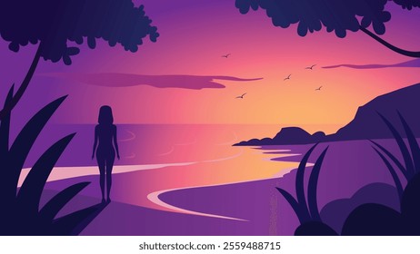 Back View of Woman Silhouette on the Beach Landscape with Tropical Plants and Sun at Sunrise Sunset