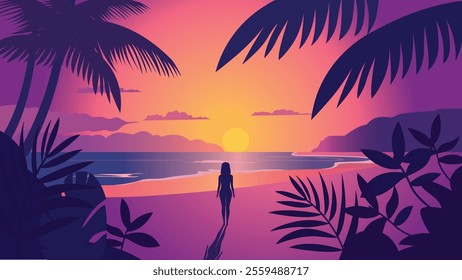 Back View of Woman Silhouette on the Beach Landscape with Tropical Plants and Sun at Sunrise Sunset