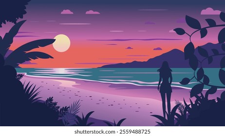 Back View of Woman Silhouette on the Beach Landscape with Tropical Plants and Sun at Sunrise Sunset