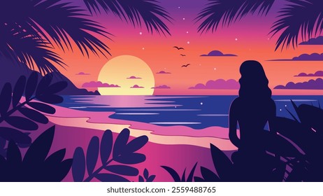 Back View of Woman Silhouette on the Beach Landscape with Tropical Plants and Sun at Sunrise Sunset