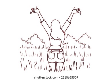 Back view of woman stand in field with hands raised excited with good day. Overjoyed girl enjoy mental health and recovery. Vector illustration. 