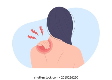 Back view of woman with upper back and shoulder pain or injury. Concept of health care, physical injury, medicine, lifestyle, sore muscles, myositis. Flat vector illustration character.