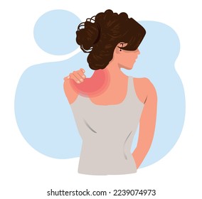 Vista posterior de la mujer con dolor o lesión en la parte superior de la espalda y el hombro. Concepto de atención de la salud, lesiones físicas, medicina, estilo de vida, músculos dolorosos, miositis. Carácter de ilustración vectorial plano.