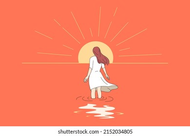 Vista posterior de la mujer caminando hacia el sol. Concepto de autodesarrollo y crecimiento interno. Mujeres involucradas en terapia cognitiva y autodescubrimiento. Asesoramiento y psicología. Ilustración vectorial. 