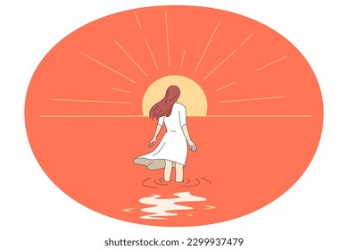 Back view of woman walking towards sun. Concept of self-development and inner growth. Female involved in cognitive therapy and self-discovery. Counseling and psychology. Vector illustration.