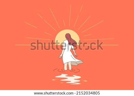 Back view of woman walking towards sun. Concept of self-development and inner growth. Female involved in cognitive therapy and self-discovery. Counseling and psychology. Vector illustration. 