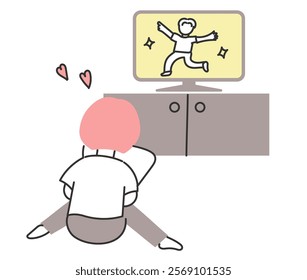 Back view of a woman watching her favorite idol's program on TV