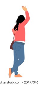 Mujer vista atrás ondeando la ilustración vectorial de saludo de mano aislada en fondo blanco. Ola de mano de chica turista diciendo hola. Despide señal de emoción feliz. Fin del viaje de ida y vuelta. Firma de mano arriba.