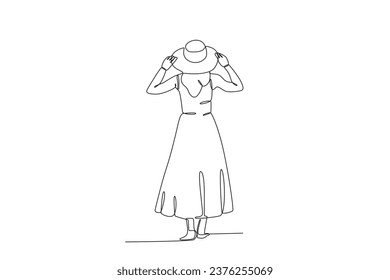 Back view of a woman wearing a dress and a hat. Staycation one-line drawing