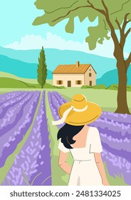 Back view of woman wearing dress walks through a lavender field and enjoying Mediterranean landscape. Summer background. Modern cartoon concept. Vector illustration.
