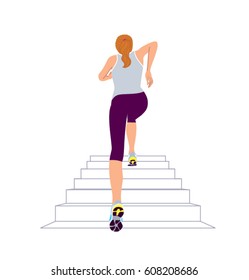 Back view of a Woman wearing sport outfit and climbing upstairs. Vector illustration