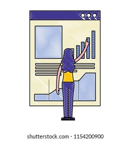back view woman website pointing diagram finance