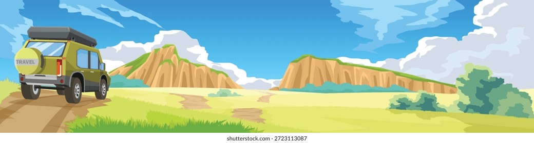 Vista posterior del coche SUV amarillo que conduce en el camino de tierra hacia las montañas. Paisaje de Naturaleza con hierba verde y árboles bajo el cielo azul. Ilustración vectorial de concepto de Anuncio de viaje de verano.