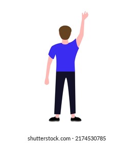 Back View Young Boy In Casual Clothes Vector Illustration. Men Standing, Waving, Watching Concert Or Show From Behind Isolated On White