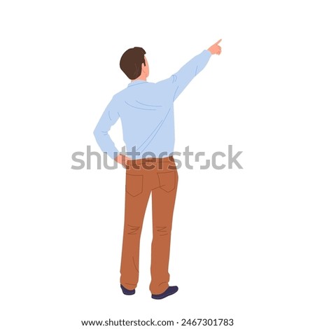 Back view of young businessman cartoon character pointing upward standing isolated on white