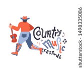 Back view of young country style singer with guitar. Modern man character in cowboy hat. Concept or print for festival banner. Vector flat hand drawn doodle illustration.
