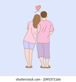 Back view of young couple falling in love isolated on background for Valentine's day decorations, Hand drawn style illustration vector.