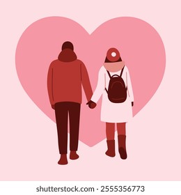 Back View Of Young Couple Holding Hands In Warm Clothes Walking Together Outside In Front Of Big Pink Heart On The Background. Vector illustration