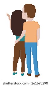 Mirar de vuelta a las jóvenes parejas abrazarse y mirar a lo lejos. Vista trasera. Aislado sobre fondo blanco. hombre con camiseta y jeans naranjas, mujer con pantalones verdes y camiseta negra. imagen de píxel