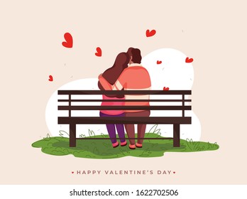 Back View of Young Couple Hugging Sit on Bench for Happy Valentine's Day Celebration.