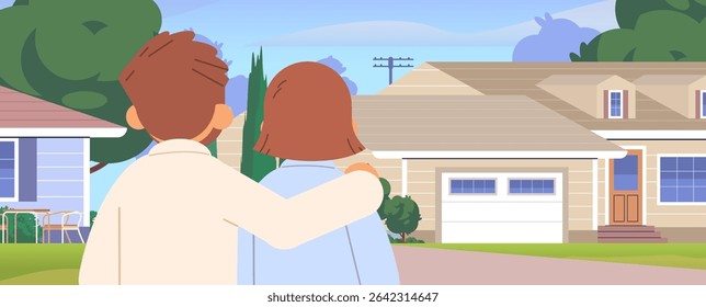 Back view young couple looking on their new house. Happy homeowners flat vector illustration
