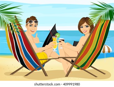 back view of young couple sitting in deck chairs on the beach toasting with cocktail and glass of red wine