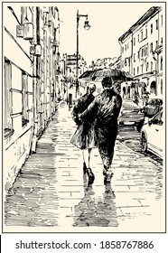 Back view of the young couple under the umbrella walking on the rainy sity street. Summer day black and white hand drawing with pen and ink. Engraving, etching, sketch style.