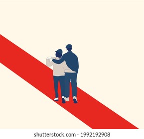 Back view of the young couple walking on the rainy city street. Pop art retro vector illustration kitsch vintage.