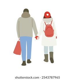 Back View of the Young Couple Walking Together Winter Time Christmas Valentine's Day Vintage Flat Style. Vector illustration Isolated on White Background