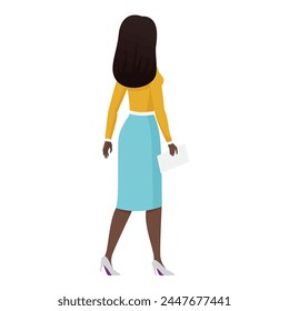 Back view of young female teacher, entrepreneur in formal outfit walking vector illustration
