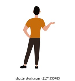 Back view young guy in casual clothes vector illustration. Men standing, waving, watching concert or show from behind isolated on white