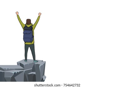 Back view of young happy man with raised hands on the edge of the cliff. Mountain hiker, Explorer, mountaineer. A symbol of success. Vector Illustration with copy space on white background.