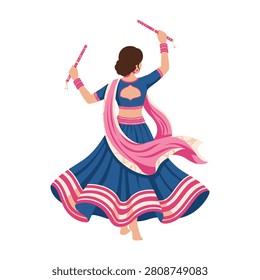 Back view of a young Indian woman performing a traditional Garba folk dance with wooden Dandiya sticks. She wears a vibrant blue lehenga choli during Navratri event.