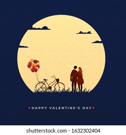 Back View of Young Lover Couple Together with Bicycle, Balloon Bunch and Bicycle on Yellow and Blue Texture Background for Happy Valentine's Day.