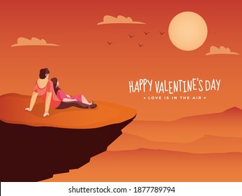 Back View of Young Loving Couple Sit on Orange Sunshine Landscape Background for Happy Valentine's Day, Love is in the air concept.