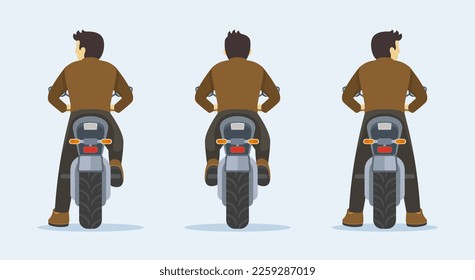 Vista posterior de un joven personaje masculino sin casco en motocicleta. Parar, pararse y montar. Plantilla de ilustración vectorial plana.  