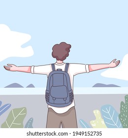 Back view of young man happy to travel at nature view, he standing raised two hand with backpack, cartoon character vector illustration