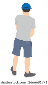 Vista posterior de un hombre joven en una camiseta y pantalones cortos